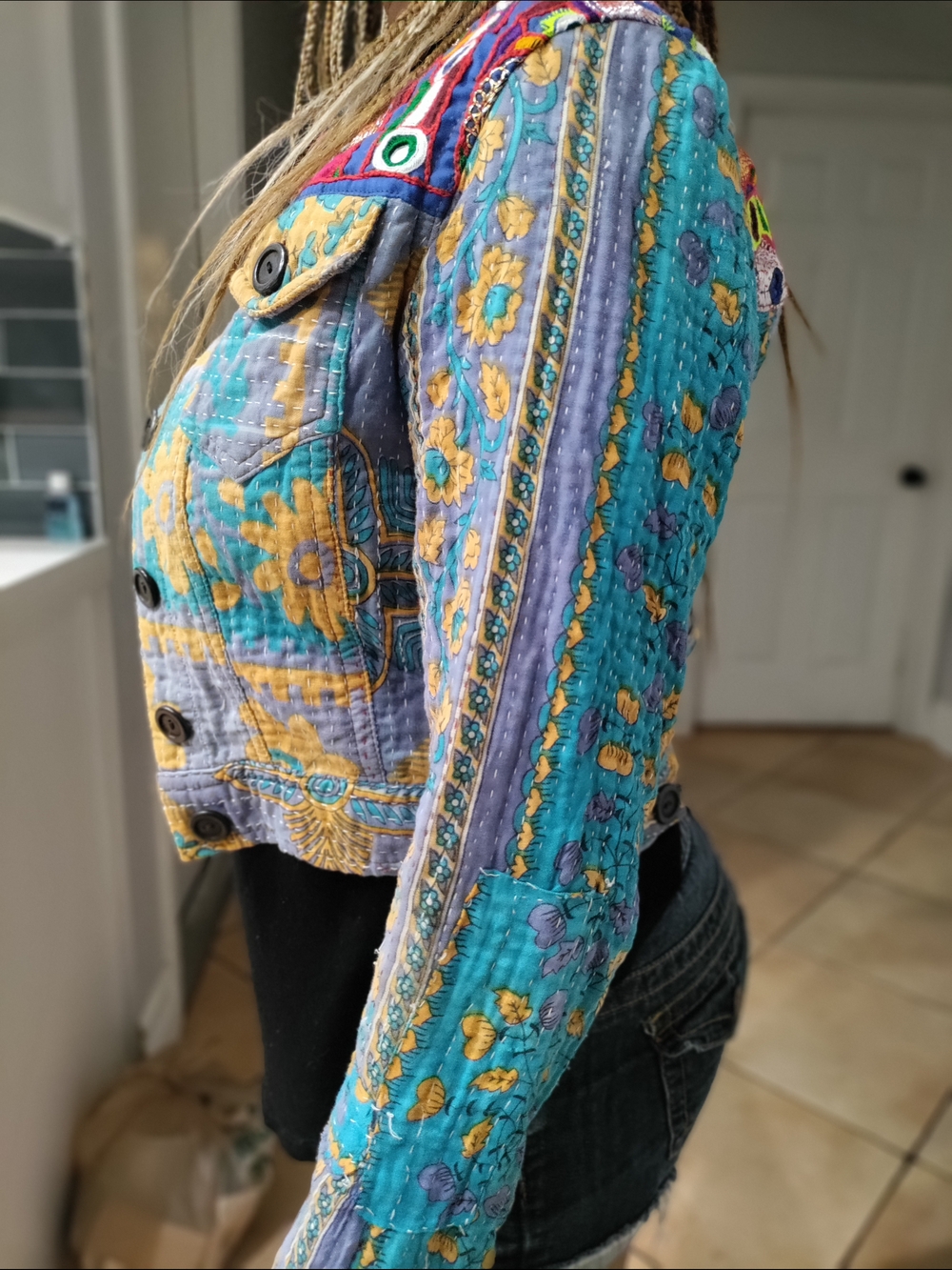 Kids Colorful Floral Patchwork Jacket - Turquoise & Yellow